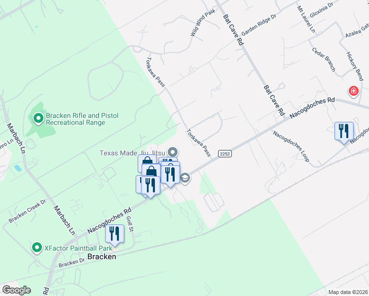 map of restaurants, bars, coffee shops, grocery stores, and more near 18843 Farm to Market Road 2252 in San Antonio