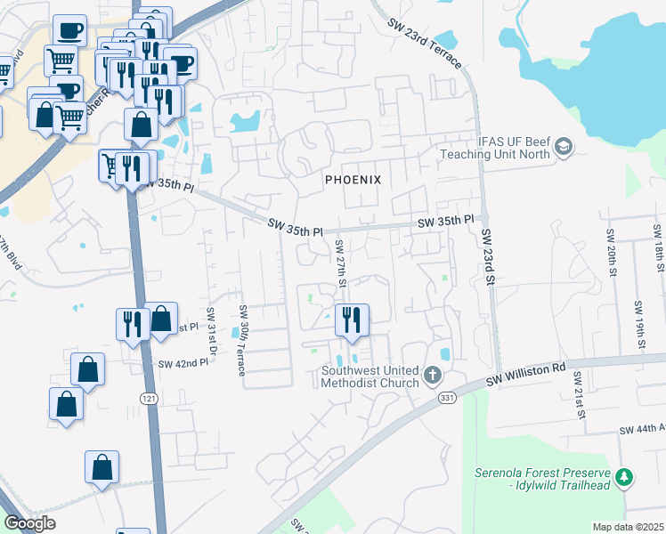 map of restaurants, bars, coffee shops, grocery stores, and more near 2735 Southwest 35th Place in Gainesville