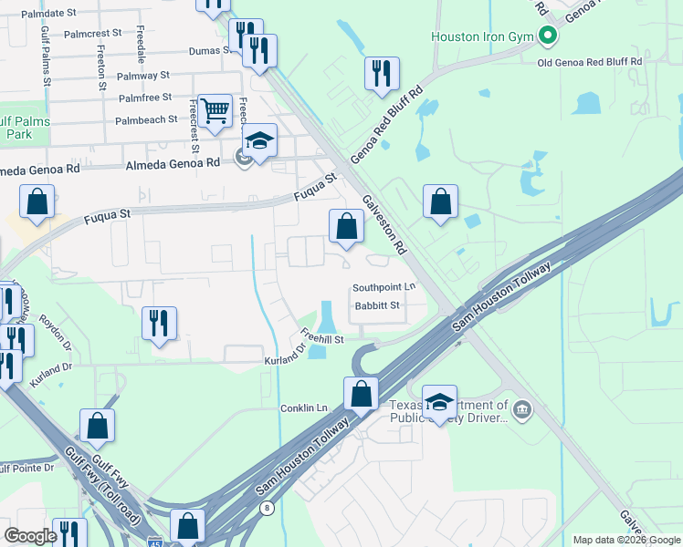 map of restaurants, bars, coffee shops, grocery stores, and more near 10306 Gerlach Street in Houston