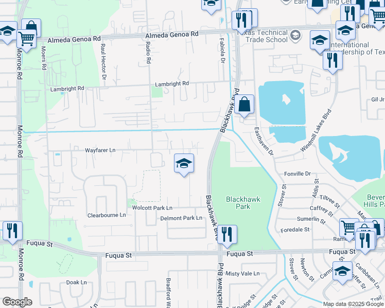 map of restaurants, bars, coffee shops, grocery stores, and more near 9110 Blackhawk Boulevard in Houston