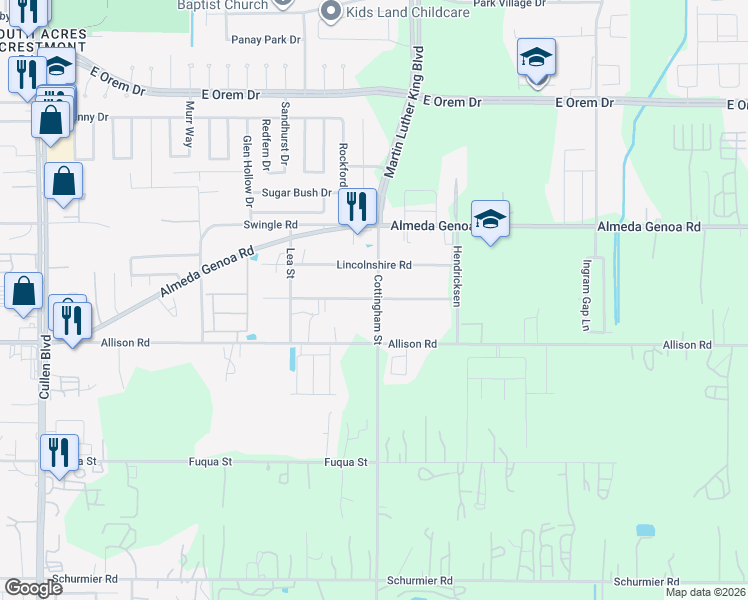 map of restaurants, bars, coffee shops, grocery stores, and more near 13230 Cottingham Street in Houston