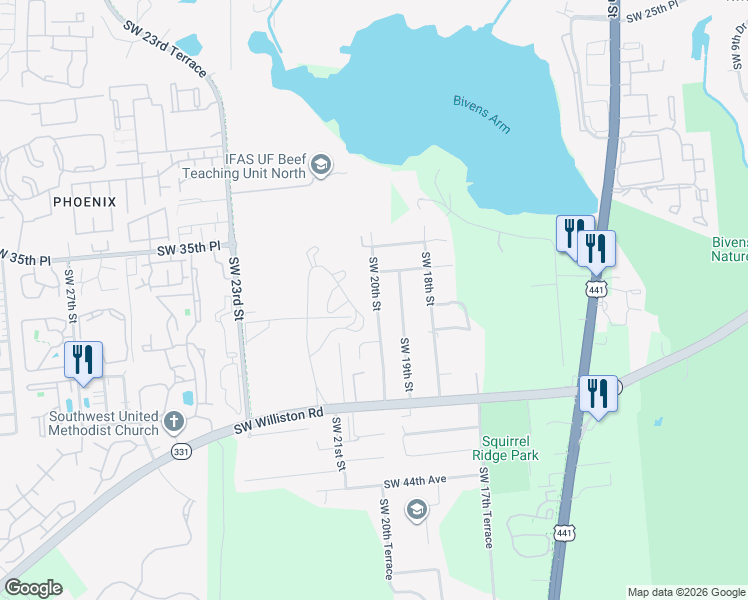 map of restaurants, bars, coffee shops, grocery stores, and more near 2110 Southwest 38th Court in Gainesville
