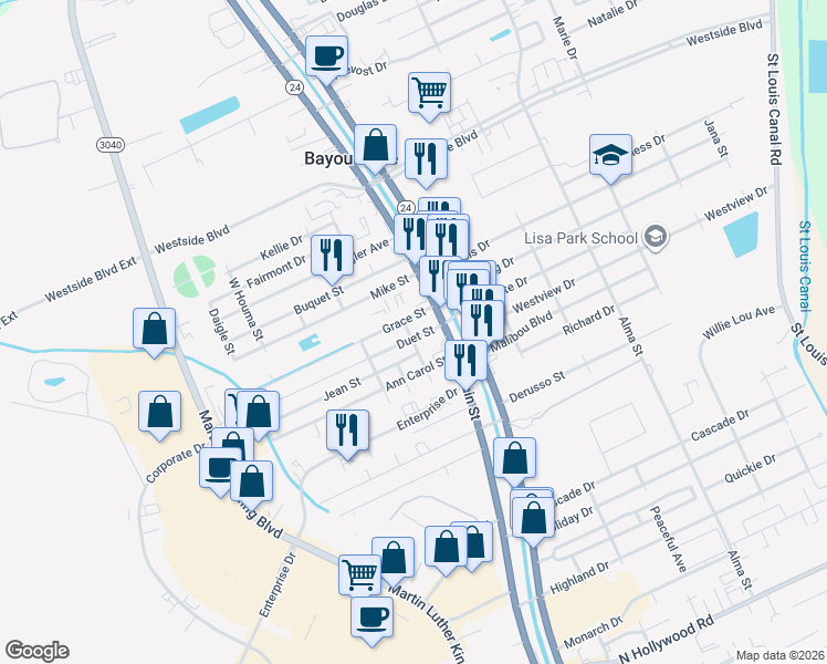 map of restaurants, bars, coffee shops, grocery stores, and more near 1950-1998 Deborah Street in Houma