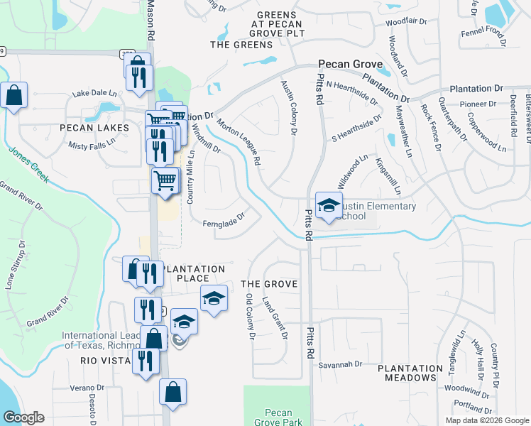map of restaurants, bars, coffee shops, grocery stores, and more near 718 Misty Creek Drive in Richmond