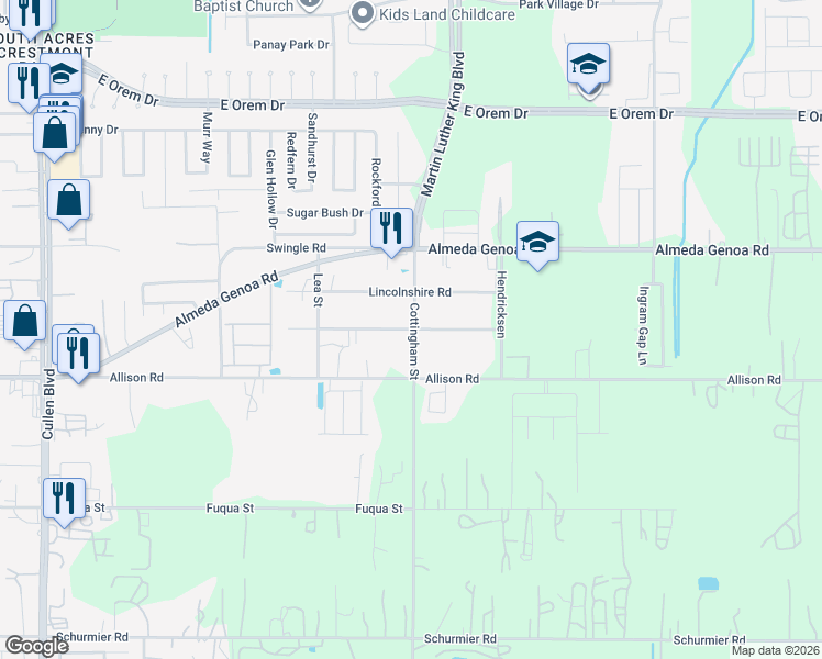 map of restaurants, bars, coffee shops, grocery stores, and more near 13230 Cottingham Street in Houston