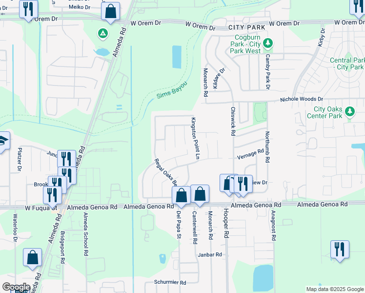map of restaurants, bars, coffee shops, grocery stores, and more near 12926 Belmont Legend Court in Houston