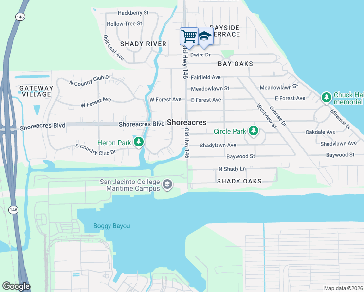 map of restaurants, bars, coffee shops, grocery stores, and more near 3519 East Country Club Drive in Harris County