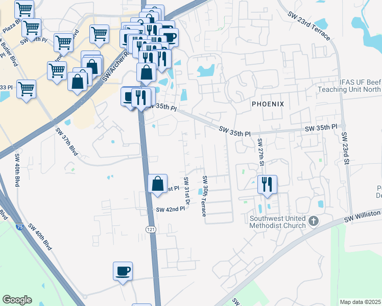 map of restaurants, bars, coffee shops, grocery stores, and more near 3601 Southwest 31st Drive in Gainesville