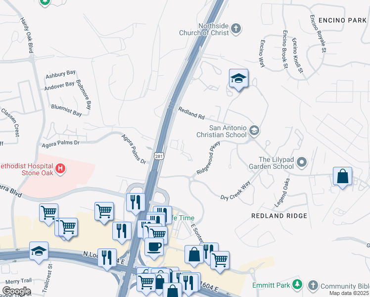 map of restaurants, bars, coffee shops, grocery stores, and more near 19122 U.S. 281 in San Antonio