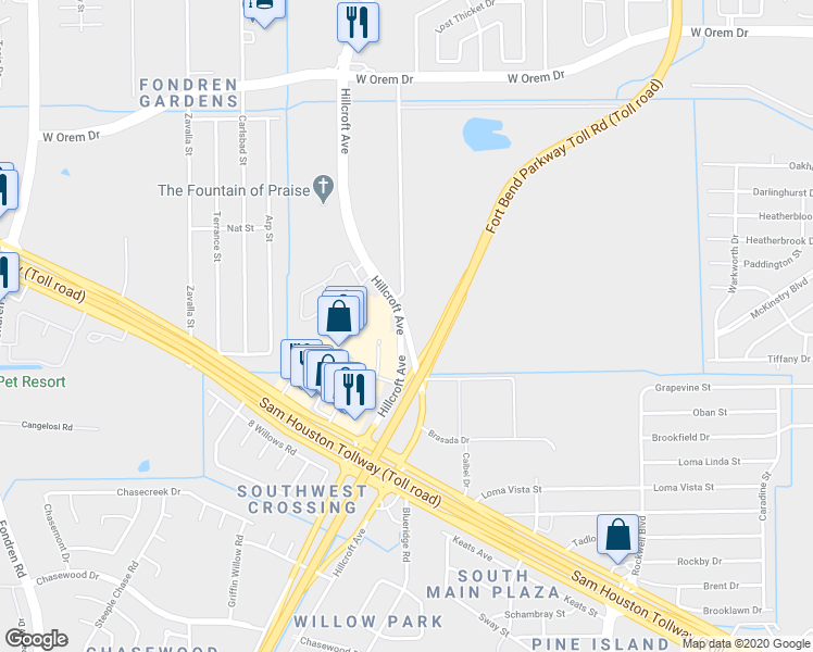 map of restaurants, bars, coffee shops, grocery stores, and more near 13961 Hillcroft Street in Houston