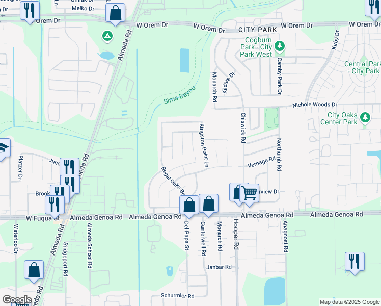 map of restaurants, bars, coffee shops, grocery stores, and more near 12926 Belmont Legend Court in Houston