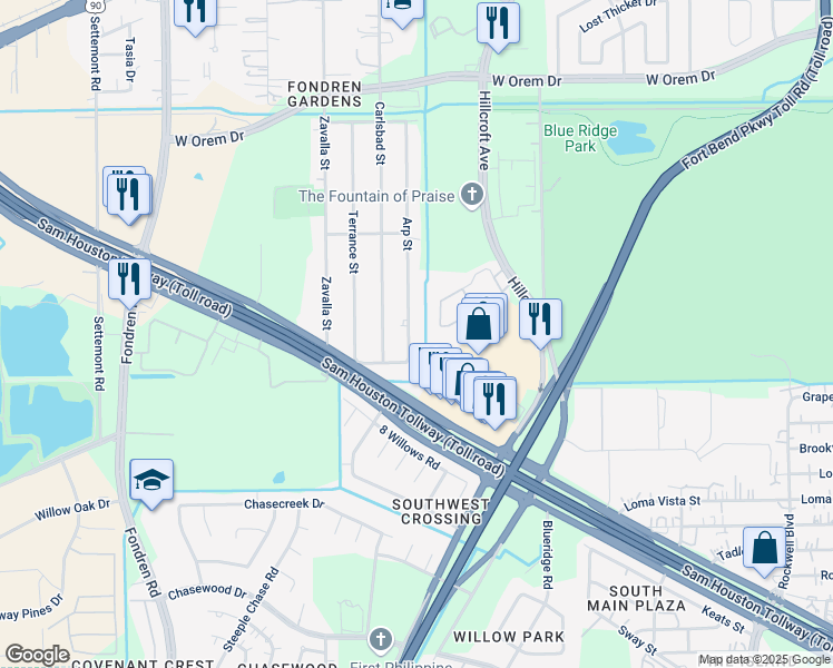 map of restaurants, bars, coffee shops, grocery stores, and more near 12813 Arp Street in Houston