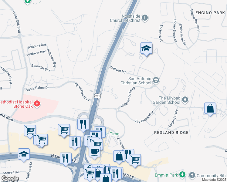 map of restaurants, bars, coffee shops, grocery stores, and more near U.S. 281 in San Antonio