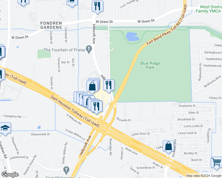 map of restaurants, bars, coffee shops, grocery stores, and more near 13961 Hillcroft Avenue in Houston