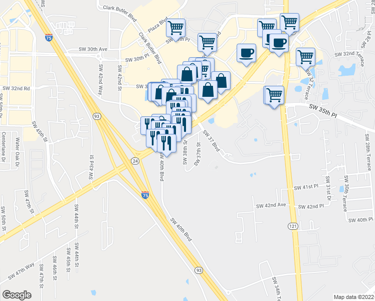 map of restaurants, bars, coffee shops, grocery stores, and more near 3901 Southwest 38 Street in Gainesville