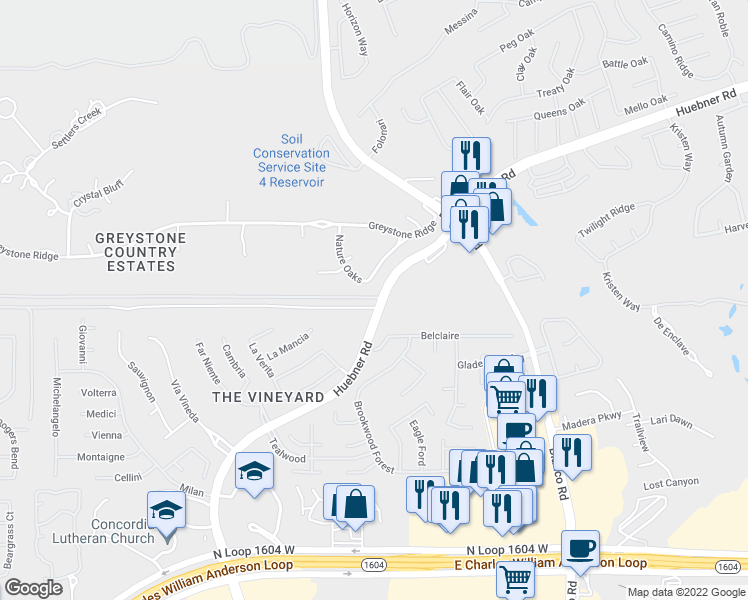 map of restaurants, bars, coffee shops, grocery stores, and more near 19001 Huebner Road in San Antonio