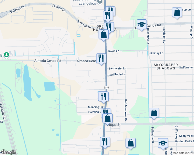 map of restaurants, bars, coffee shops, grocery stores, and more near 7517 Red Robin Lane in Houston