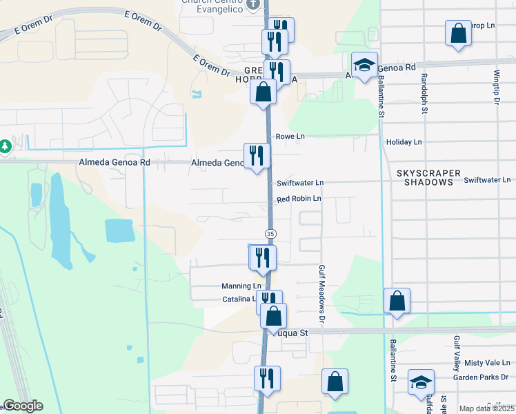 map of restaurants, bars, coffee shops, grocery stores, and more near 10122 Telephone Road in Houston