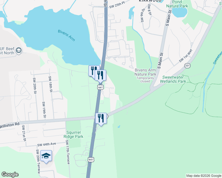 map of restaurants, bars, coffee shops, grocery stores, and more near 3801 Southwest 13th Street in Gainesville