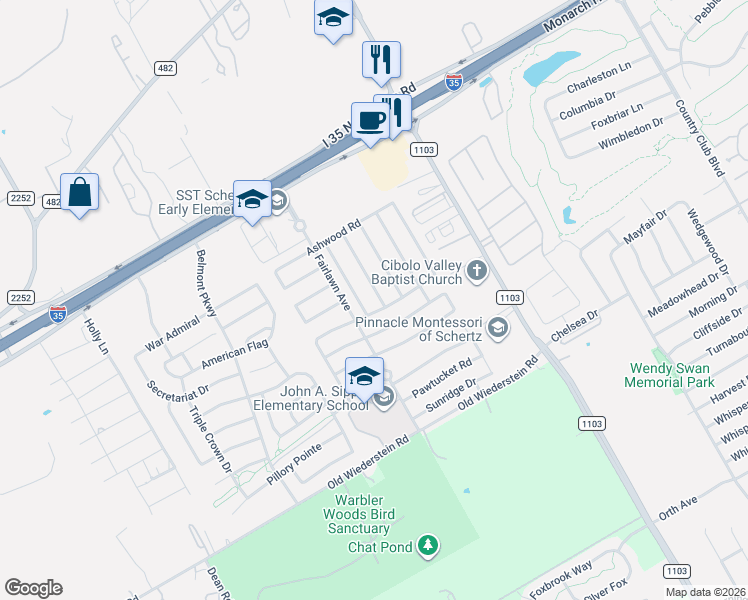 map of restaurants, bars, coffee shops, grocery stores, and more near 719 Eagles Glen in Schertz