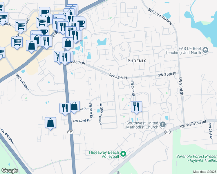 map of restaurants, bars, coffee shops, grocery stores, and more near 3425 Southwest 29th Terrace in Gainesville