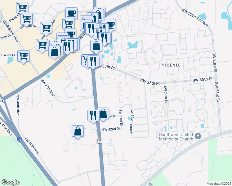 map of restaurants, bars, coffee shops, grocery stores, and more near 3408 Southwest 31st Drive in Gainesville