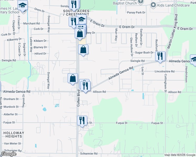 map of restaurants, bars, coffee shops, grocery stores, and more near 13102 Ristina Circle in Houston