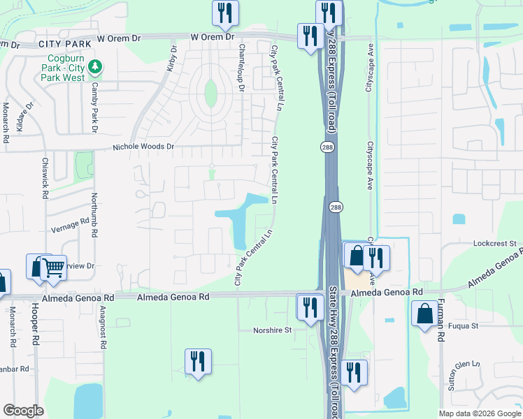 map of restaurants, bars, coffee shops, grocery stores, and more near 1406 Lake City Lane in Houston