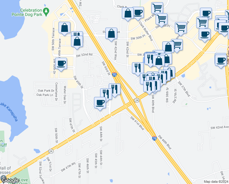 map of restaurants, bars, coffee shops, grocery stores, and more near 3905 Southwest 43rd Street in Gainesville