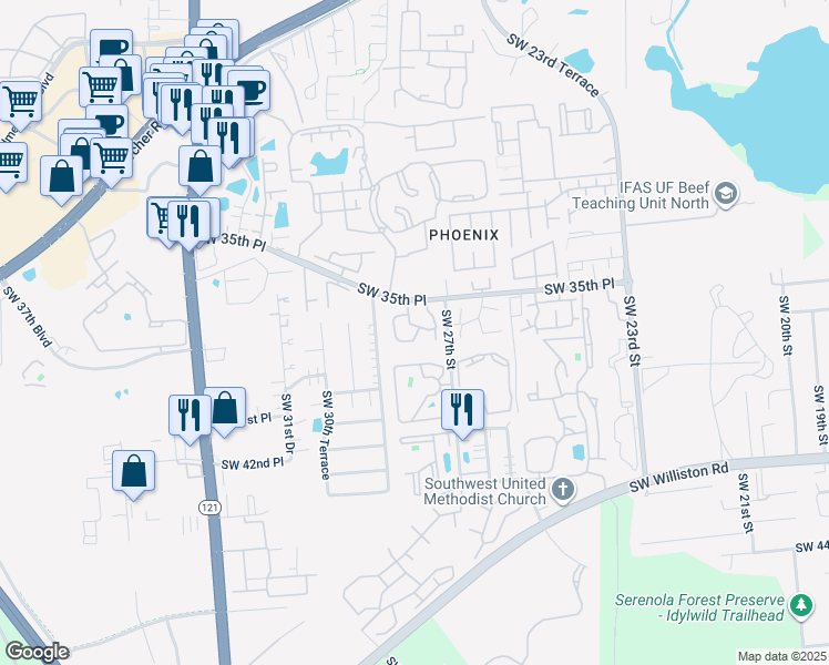map of restaurants, bars, coffee shops, grocery stores, and more near 2735 Southwest 35th Place in Gainesville