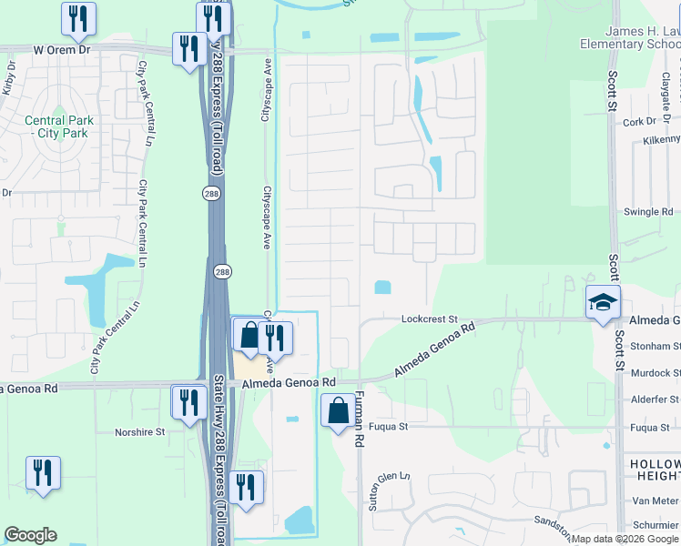 map of restaurants, bars, coffee shops, grocery stores, and more near 2734 Skyview Ridge Court in Houston