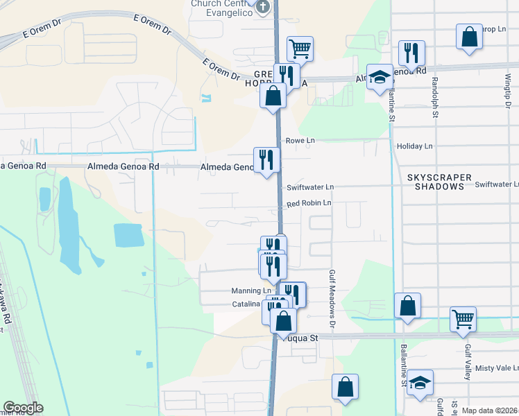 map of restaurants, bars, coffee shops, grocery stores, and more near 10122 Telephone Road in Houston