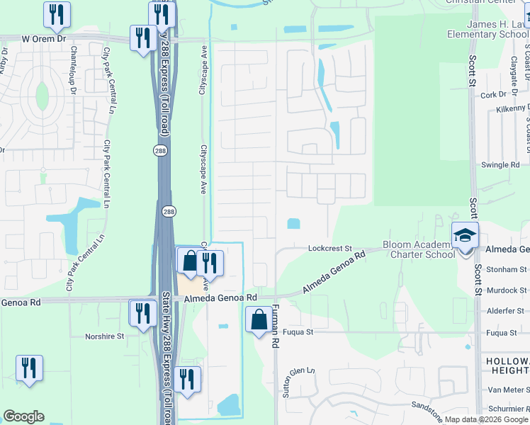map of restaurants, bars, coffee shops, grocery stores, and more near 2734 Skyview Ridge Court in Houston