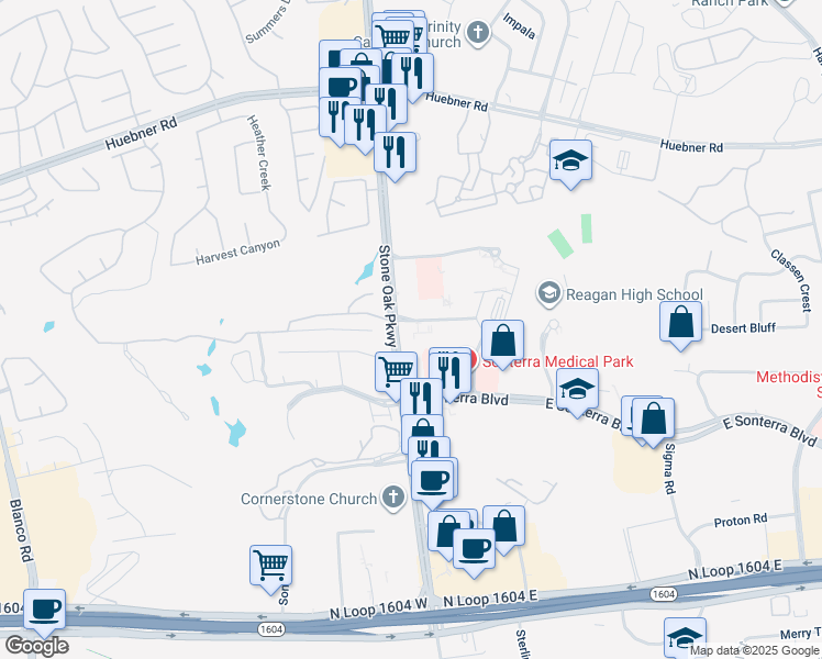 map of restaurants, bars, coffee shops, grocery stores, and more near 19016 Stone Oak Parkway in San Antonio