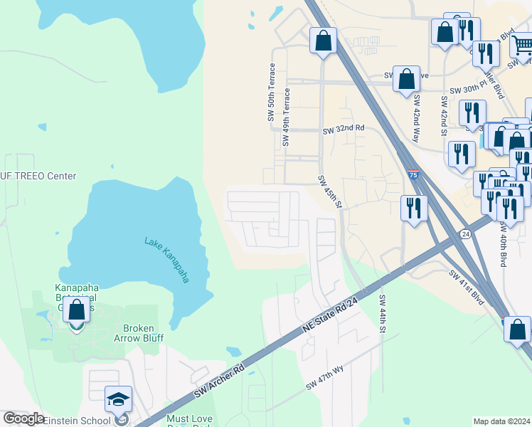 map of restaurants, bars, coffee shops, grocery stores, and more near 3593 Southwest 51st Way in Gainesville