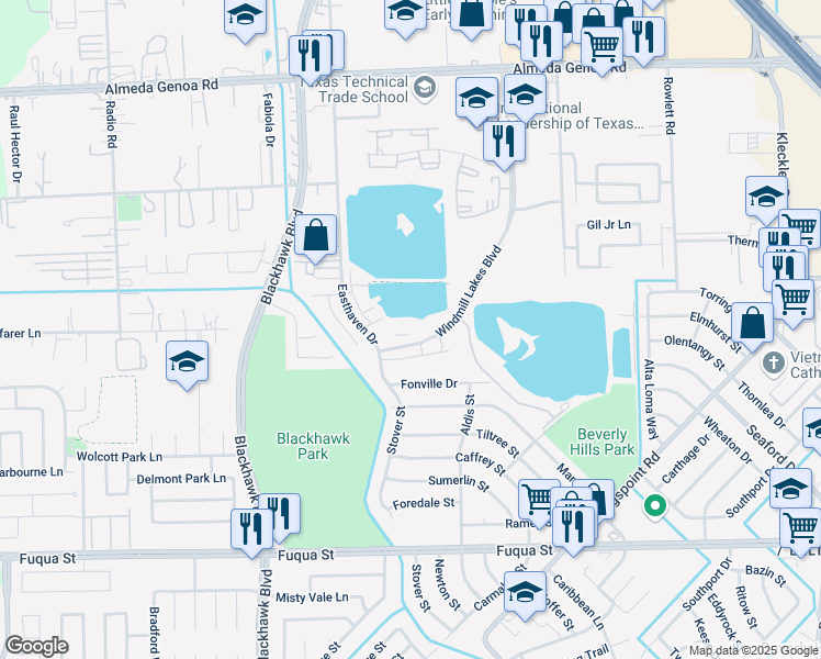 map of restaurants, bars, coffee shops, grocery stores, and more near 10280 Windmill Lakes Boulevard in Houston