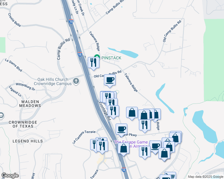 map of restaurants, bars, coffee shops, grocery stores, and more near 19003 Frontage Road in San Antonio