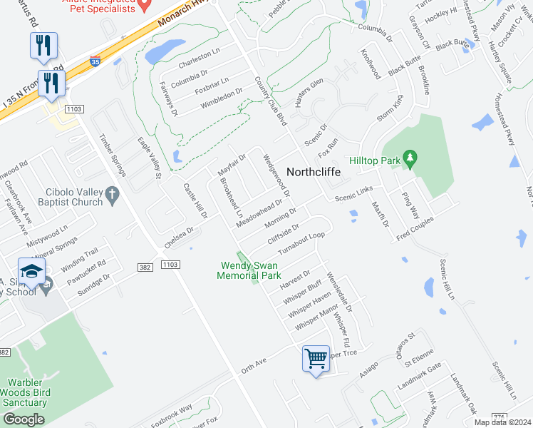 map of restaurants, bars, coffee shops, grocery stores, and more near 3414 Meadowhead Drive in Schertz