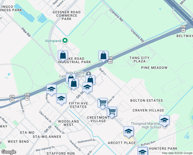 map of restaurants, bars, coffee shops, grocery stores, and more near 502 Bull Lane in Missouri City