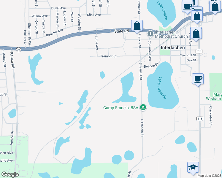map of restaurants, bars, coffee shops, grocery stores, and more near Unnamed Road in Interlachen