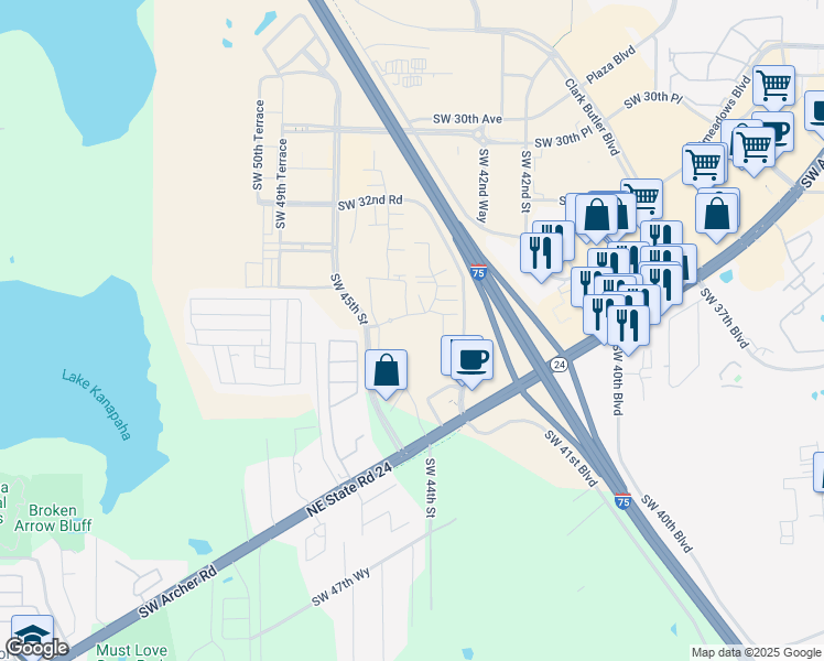 map of restaurants, bars, coffee shops, grocery stores, and more near 4440 Southwest Archer Road in Gainesville