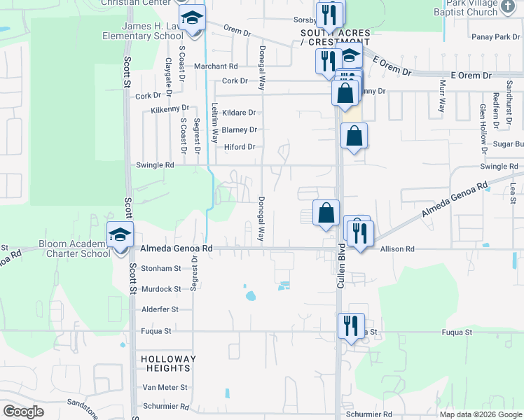 map of restaurants, bars, coffee shops, grocery stores, and more near 13105 Donegal Way in Houston