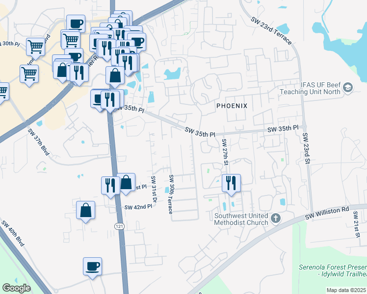 map of restaurants, bars, coffee shops, grocery stores, and more near 3425 Southwest 29th Terrace in Gainesville