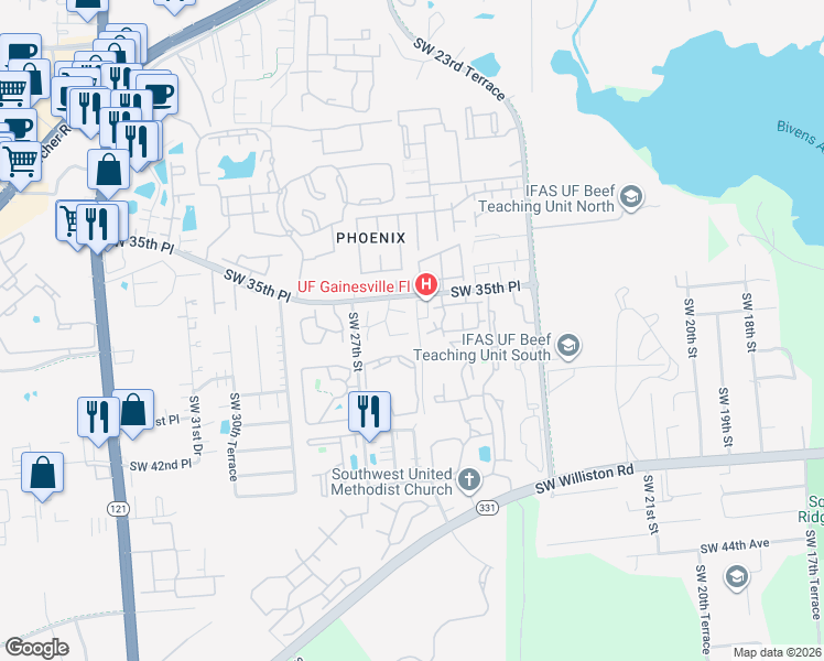 map of restaurants, bars, coffee shops, grocery stores, and more near 2635 Southwest 35th Place in Gainesville