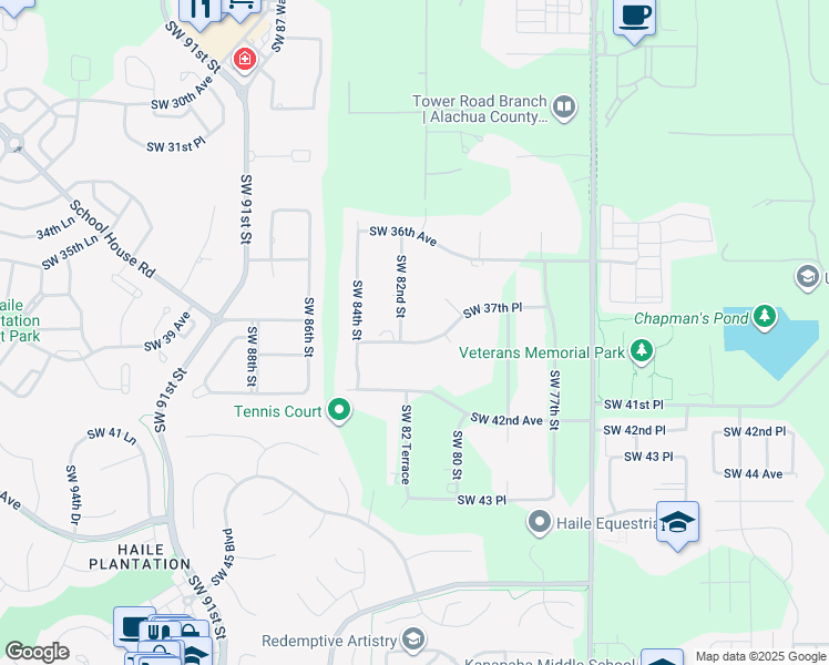 map of restaurants, bars, coffee shops, grocery stores, and more near 3831 Southwest 82nd Street in Gainesville