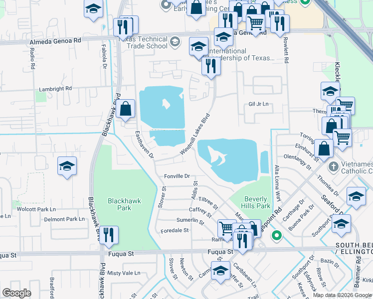 map of restaurants, bars, coffee shops, grocery stores, and more near 10218 Windmill Lakes Boulevard in Houston