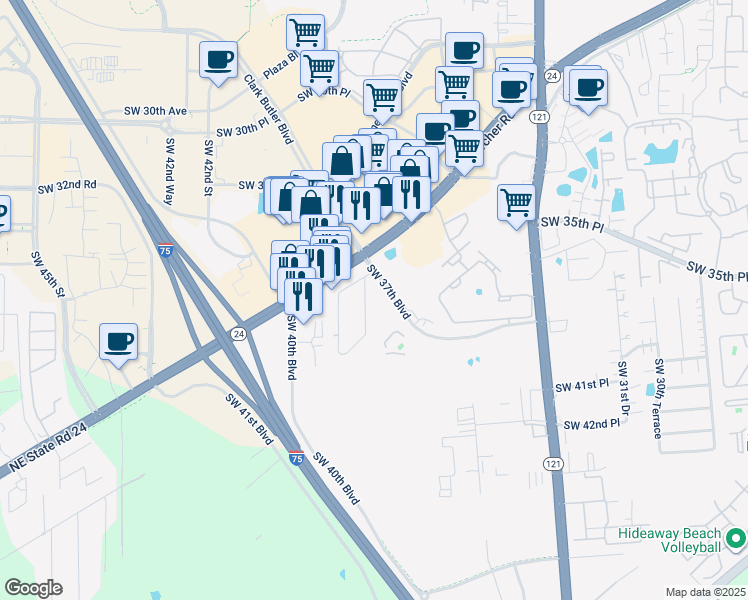 map of restaurants, bars, coffee shops, grocery stores, and more near 3820 Southwest 37th Street in Gainesville