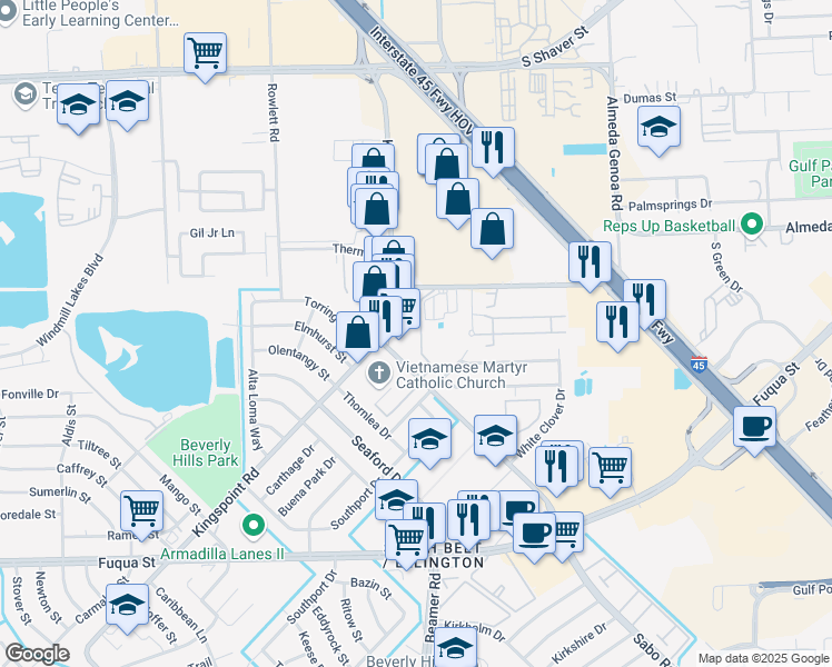 map of restaurants, bars, coffee shops, grocery stores, and more near 10722c Kingspoint Road in Houston