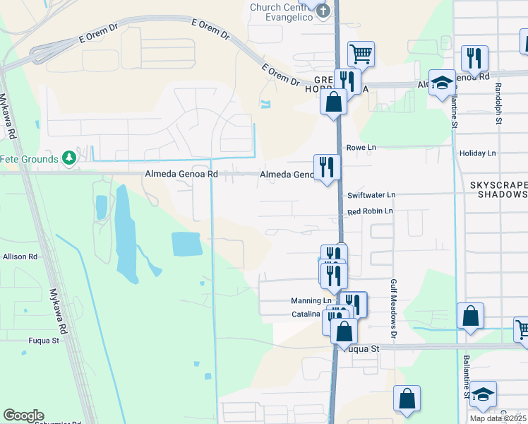 map of restaurants, bars, coffee shops, grocery stores, and more near 7404 Bluejay Lane in Houston