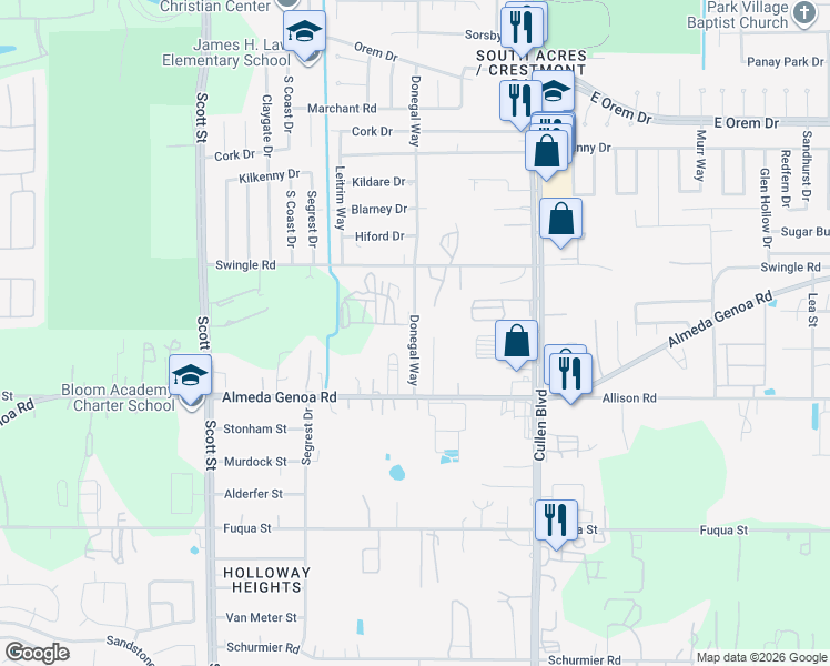 map of restaurants, bars, coffee shops, grocery stores, and more near 13105 Donegal Way in Houston